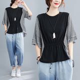 Plaid Patchwork Loose T-shirt Women's Clothing Summer Half Sleeve Casual All-match Shirring Stylish O-Neck Pullovers-Outfit