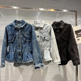 Fashion Women'sA-lineCrumpled Hem Ruffled Slimming Waist Denim Jacket Long Sleeve Lapel Blue