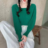 Fongt Gentle Wind Sweet Lantern Sleeve Soft Waxy Wind Sweater Retro Square Neck Knit Top Woman-Outfit