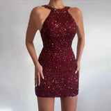 Fongt New Fashion Hanging Neck Sexy Crystal Tuxedo Supid Squin Dress Mid-Rise Evening