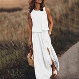 Fongt 2025 Summer Women's Fashion Trend Retro Round-Neck Sleeveless Forked Solid Color Two-Piece