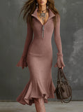 Fongt Fashion Elegant Temperament Zippered Horn Sleeve Knitted Fishtail Skirt