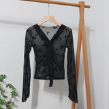 Pink V-Neck Velvet Bow Single Buckle Buckle Coat On The Head Short Long-Sleeved Mesh T-Shirt
