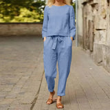 Women Long Sleeve Sets 2PC Autumn Suits Solid Casual Long Cotton Pants O Neck Blouse Loose Harem Trousers Oversize