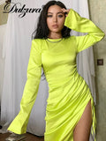 Autumn Satin Ruched Sexy Y2K Clothes Long Sleeve Side Slit Bodycon Midi Dresses For Women 2023 Club Party Elegant