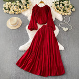 Fongt Style Pink Three-Dimensional Flower Collar Lantern Sleeve Shirt Lady Autumn High-Rise Dress Set