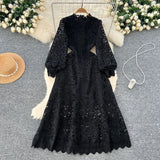 Fongt Sense Of Elegant Lace Dress 2025 New Hollow Hooks Waist Lantern Sleeves Waist Waist Dress Dress