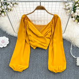 Fongt Fashion V-Neck Folded Collared Collared Collared Long-Sleeved Sleeve Cover Female Chic Short-Term Navel Blouse