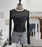 Spice Girls Design Sense Net纱 Stitched With Denim Blouse Long-Sleeved Bottom Shirts To Dress Short Niche T-Shirt