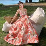 Fongt Photo Summer Embroidered Red Lily Flower Wings Hanging Neck Back Dress Dress-Outfit