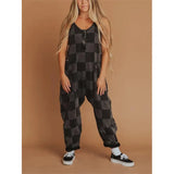 Fongt Women's Check-Print Leisure Large Pocket Jumpsuit Wish Loose Back