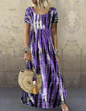 Fongt Summer Dress Wish Round Collar Short Sleeve Tie-Dye Print Skirt Big-Outfit