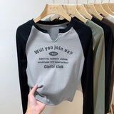 Shoulder V-Collar T-Shirt Women's Long-Sleeved Spring And Autumn Decoration With Threaded Bottomed Shirt And Short High-Waist Chic