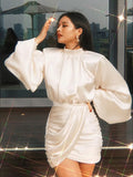 Ruched Satin Dress Women White Latern Sleeves Sexy Party Dress Autumn Night Club Mini Dresses 2023 Vestdios-Outfit