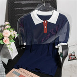 New 2022 Chic Korean Fashion Knitted Pullover Polo Collar Women Spring Summer Vintage Elegant Wild Lady Top