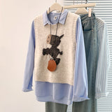 Fongt New Vest Sweet And Cute Cartoon College Style Knitted Winter Round Sweater Collar Sweater Bottom Shoulder Vest