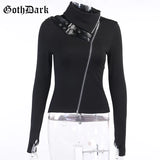 Dark Gothic Grunge Style T-shirts Punk Black Long Sleeve Turtleneck Tee Bodycon Zipper And Belt Front Patchwork Women