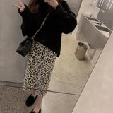 early spring new long slit knitted leopard skirt women high waist knitted
