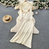Fongt Temperament Wears A Female Autumn And Winter Design Sense Of Irregular Strap To The Waist Long-Sleeved Knitted Shirt + High Waist Half-Dress