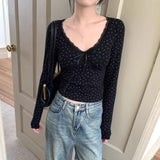 V-Neck Lace Patchwork Floral Long Sleeve Tee-Outfit