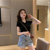 Fongt 2024 New Korean Letter Embroidered Slim Short-Sleeve T-Shirt Women's