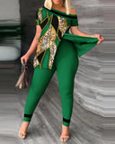 Women's Wear Summer New Fashionable Leisure Forked Oblique Collar Printing Suit-Outfit