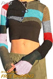 Women Sun-protective Crop Tops Sweater Spring Autumn 2023 y2k Clothes Contrast Color Long Sleeve Round Neck Patchwork