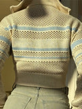 Fongt Sleeze-Colored Striped Knitted Zip-Up Collar Fashion Style Every Day Casual Coat Woman