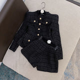 STREET 2022 New Designer Runway Suit Set Women's Gold Buttons Tweed Jacket Shorts