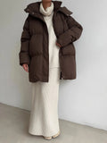 Fongt Casual Waist Thin Hooded Medium Long Bread Cotton Clothes Women Thick Cotton Coat Brown
