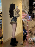 Washed Fluffy Patchwork Skirt for Women 2024 Autumn High Waist Denim Skirts Y2k E-Girl Bodycon A-line Faldas Mujer-Outfit