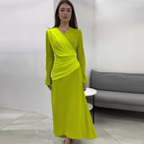 Fongt Temperament Micro-Trumpet Folded Cross Superimposed Tying Belt Girded Waist Dressing Spliced High-Waisted Dress