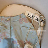 Advanced Sense Shorts Girls 2023 Summer Embroidery Retro High-End Trousers Satin Wide Legs Blue Hip Pants-Outfit