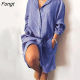 Summer New Shirt Dress Loose Double Pocket Long Sleeve Solid Women's Long Shirt Women Dress Bandage Dress Summer