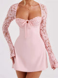 Elegant Women Mini Dress Long Sleeve Backless Hollow Out Low-cut Tie-up Lace Patchwork Cocktail Dress Female Vestidos-Outfit