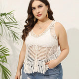Large-Size Women's Wear V-Collar Hollowed-Out Beach Blouse 2023 Summer Fat Mm Lace Blouse-Outfit