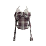 Fongt Hanging Neck Shoulder Mesh Yarn Long-Sleeved Top Design Y2k Short Repair T-Shirt 8070