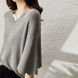Summer Knitting Shirt Petal Sleeve V-neck Top Loose Short Sleeve Ice Silk Sweater Thin Style Women's Fashion Shirt