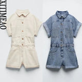 Women Fashion Denim Jumpsuits Shorts Vintage Short Puff Sleeves Back Elastic Button Female Playsuits