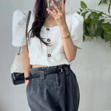 Ropa Mujer Puff Short Sleeve Chaqueta Mujeres Square Collar Jacket Woman Single Breasted Jackets Spring Summer Outwears-Outfit