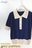 Fashion Women Tops Striped Button Turn-Down Collar Knitted Sweater Short Sleeve Ice Silk Pullover Female Sueters De