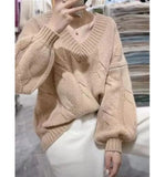 Basic Oversize Cotton Thick Sweater Autumn Loose Cashmere Sweater Elegant Long Sleeve V-neck Warm Pullovers Female