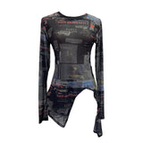 Vintage Tie-Dye-Print Net Yarn Jersey Long-Sleeved Top Irregularly T-Shirt With Thin Short T-Shirt