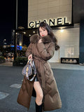 High-End Fox Big Fur Collar Down Jacket Women's Long Style 2024 Winter Knee Bundle Waist Show Thin White Duck Down Fashion Coat-Outfit