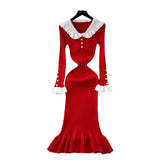 Fongt New Retro Bumpy Dolls To Receive Waist Knitted Dress Female Elastic Temperament Lotus Leafy Dress
