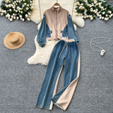Fongt Suit Women's Port Wind Casual Colliding Color Splicing Collar Zipper Fake Two-Piece High-Waisted Cowboy Broad Leg Trousers