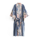 Bohemian V neck Peacock Flower Print Long Kimono Robe Shirt Ethnic Lacing up Sashes Long Cardigan Loose Blouse Tops