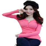 Fongt Autumn Button Thread Solid Color Long Sleeve T-Shirt Female Slim Korean New Plus Size Top Bottom