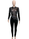 Beautiful Sheer Mesh Crystal Jumpsuits Women Rompers Glam Long Sleeve See-Through Rhinestones Romper Night Out