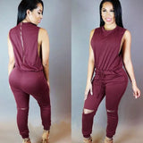 hole sleeveless bandage lace up jumpsuit Casual Rompers overalls for female women o-neck zipper jumpsuits women